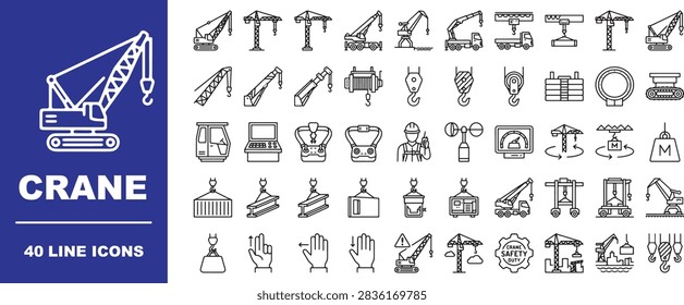 Construction crane line icon set, heavy lifting machinery, tower crane, mobile crawler hoist, rigger operator, safety signs, cargo lifting hook, building equipment vector linear pictograms