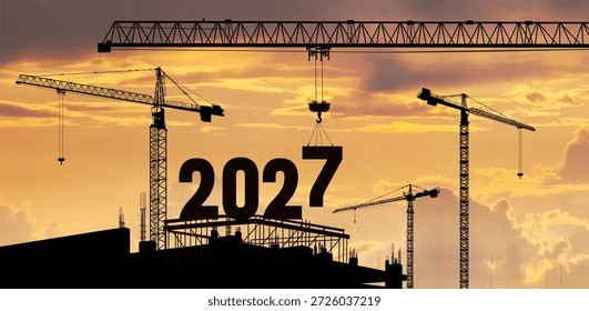 Grúa de construcción que baja el número 7 para formar 2027. Concepto del año Nuevo 2027 con el sitio de construcción de la silueta, el trabajo en equipo y la cooperación. Cielo del amanecer. Vector que simboliza la preparación y los nuevos comienzos.