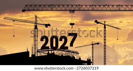 Construction crane lowering number 7 to form 2027. New Year 2027 concept with silhouette construction site, teamwork and cooperation. Sunrise sky. Vector symbolizing preparation and new beginnings.