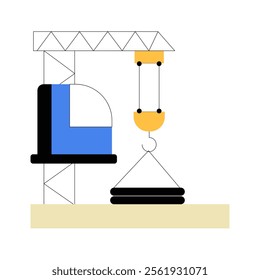 Construction Crane With Materials In Flat Vector Illustration Symbolizing Construction, Industrial Machinery, And Building Process, Isolated On White Background.