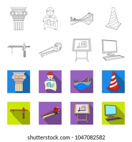 Construction crane, measuring tape measure, drawing board, computer. Architecture set collection icons in outline,flet style vector symbol stock illustration web.