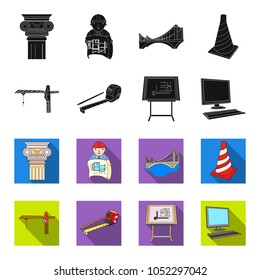 Construction crane, measuring tape measure, drawing board, computer. Architecture set collection icons in black,flet style vector symbol stock illustration web.