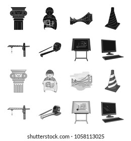 Construction crane, measuring tape measure, drawing board, computer. Architecture set collection icons in black,monochrome style vector symbol stock illustration web.
