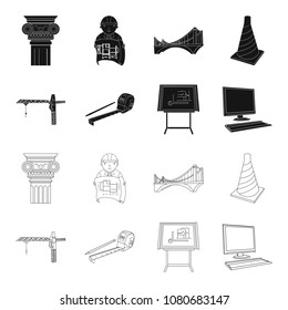 Construction crane, measuring tape measure, drawing board, computer. Architecture set collection icons in black,outline style vector symbol stock illustration web.