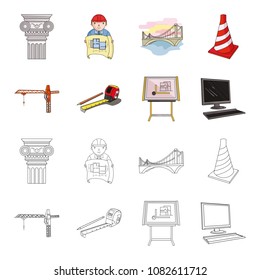 Construction crane, measuring tape measure, drawing board, computer. Architecture set collection icons in cartoon,outline style vector symbol stock illustration web.
