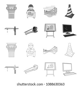 Construction crane, measuring tape measure, drawing board, computer. Architecture set collection icons in outline,monochrome style vector symbol stock illustration web.