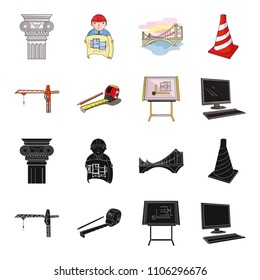 Construction crane, measuring tape measure, drawing board, computer. Architecture set collection icons in black,cartoon style vector symbol stock illustration web.