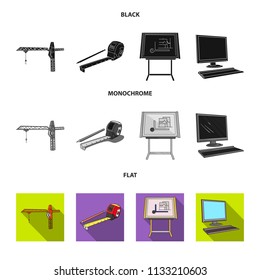 Construction crane, measuring tape measure, drawing board, computer. Architecture set collection icons in black, flat, monochrome style vector symbol stock illustration web.
