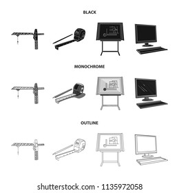 Construction crane, measuring tape measure, drawing board, computer. Architecture set collection icons in black,monochrome,outline style vector symbol stock illustration web.