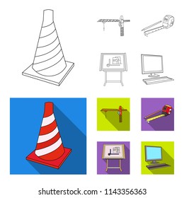 Construction crane, measuring tape measure, drawing board, computer. Architecture set collection icons in outline,flat style vector symbol stock illustration web.