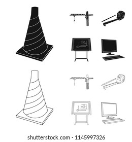Construction crane, measuring tape measure, drawing board, computer. Architecture set collection icons in black,outline style vector symbol stock illustration web.