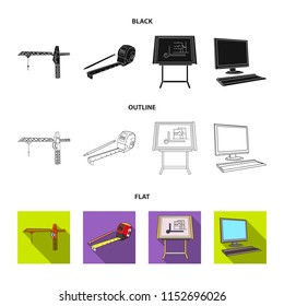 Construction crane, measuring tape measure, drawing board, computer. Architecture set collection icons in black,flat,outline style vector symbol stock illustration web.