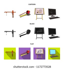 Construction crane, measuring tape measure, drawing board, computer. Architecture set collection icons in cartoon,black,flat style vector symbol stock illustration web.