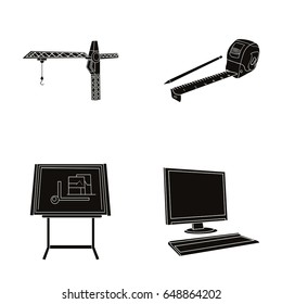 Construction crane, measuring tape measure, drawing board, computer. Architecture set collection icons in black style vector symbol stock illustration web.