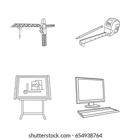 Construction Crane, Measuring Tape Measure, Drawing Board, Computer. Architecture Set Collection Icons In Outline Style Vector Symbol Stock Illustration Web.