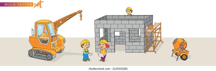 Construction crane mortar machine ladder woman man wheelbarrow cartoon vector set