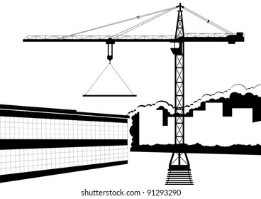 Construction crane near the building under construction. Black and white illustration.