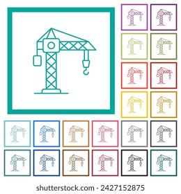 Construction crane outline flat color icons with quadrant frames on white background