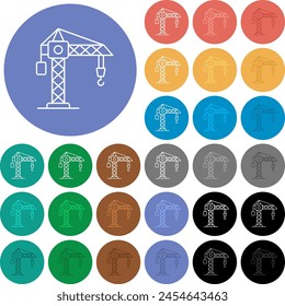 Construction crane outline multi colored flat icons on round backgrounds. Included white, light and dark icon variations for hover and active status effects, and bonus shades.