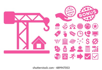 Construction Crane pictograph with bonus icon set. Vector illustration style is flat iconic symbols, pink color, white background.