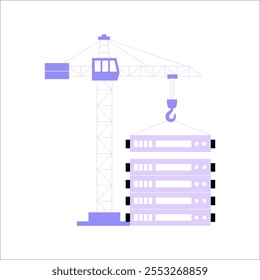 Guindaste De Construção E Pilha De Servidores Em Ilustração De Vetor Plano, Simbolizando Infraestrutura De Dados, Hospedagem E Computação Em Nuvem, Isolados Em Fundo Branco.