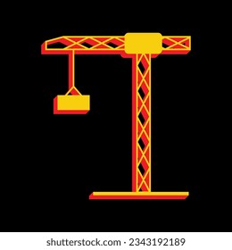 Construction crane sign. 3D Extruded Yellow Icon with Red Sides a Black background. Illustration.