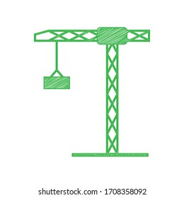 Señal de la grúa de construcción. Ícono de garabato verde con contorno sólido sobre fondo blanco.  Ilustración.