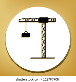 Construction crane sign. Vector. Black icon with light brown shadow in white circle with shaped ring at golden background.