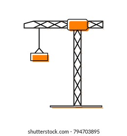 Construction crane sign. Vector. Black line icon with shifted flat orange filled icon on white background. Isolated.