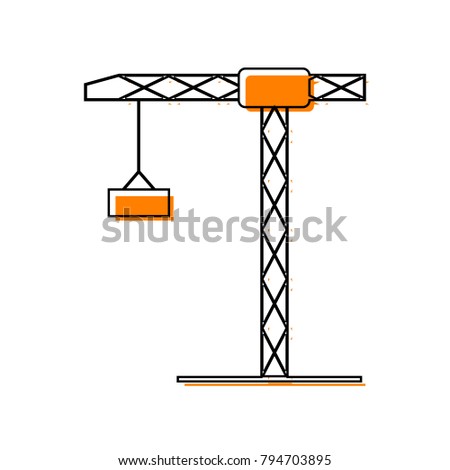 Construction crane sign. Vector. Black line icon with shifted flat orange filled icon on white background. Isolated.