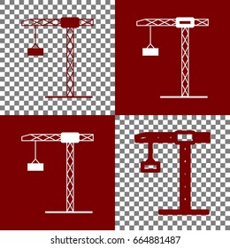 Construction crane sign. Vector. Bordo and white icons and line icons on chess board with transparent background.