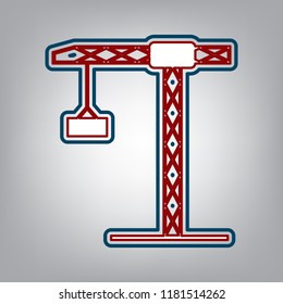 Construction crane sign. Vector. Dark red, transparent and midnight green stroke of white icon at grayish background.
