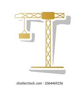 Construction crane sign. Vector. Golden gradient icon with white contour and rotated gray shadow at white background.