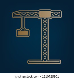Construction crane sign. Vector. Golden icon and border at dark cyan background.