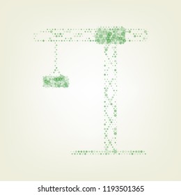 Construction crane sign. Vector. Green hexagon rastered icon and noised opacity and size at light green background with central light.