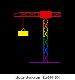 Construction crane sign. Vector. Icon with colors of LGBT flag at black background.