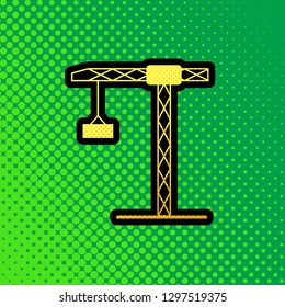 Construction crane sign. Vector. Pop art orange to yellow dots-gradient icon with black contour at greenish background.