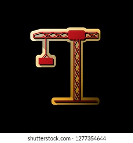Construction crane sign. Vector. Red icon with small black and limitless shadows at golden sticker on black background.