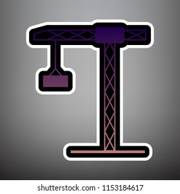 Construction crane sign. Vector. Violet gradient icon with black and white linear edges at gray background.