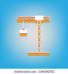 Construction crane sign. Vector. White icon with 3d warm-colored gradient body at sky blue background.