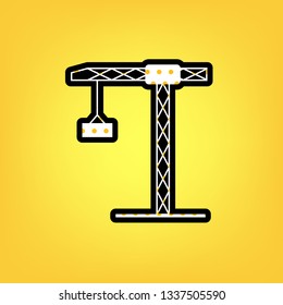 Construction crane sign. Vector. Yellow polka dot white icon with black contour at warm yellow background.