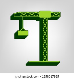Construction crane sign. Vector. Yellow green solid icon with dark green external body at light colored background.
