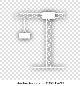 Construction crane sign. White Icon with dropped natural gray Shadow at transparent Background. Illustration.