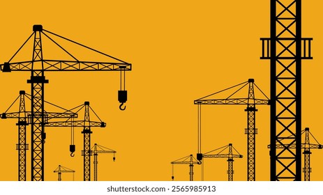 Construction crane silhouette background, industry basics, construction project, architect plan, urban development