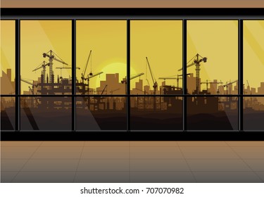 Construction crane silhouette vector,office building and view to construction site.