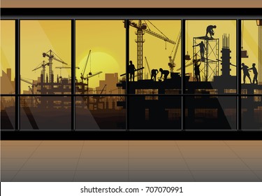 Construction crane silhouette vector,office building and view to construction site.