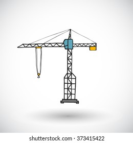 Construction crane sketch. Hand-drawn cartoon heavy machinery or construction icon. Doodle drawing. Vector illustration. 