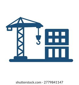 A construction crane stands beside a building, symbolizing urban development and industrial progress.