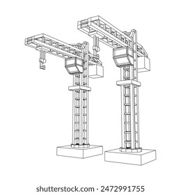 Torre de grúa de construcción. Concepto industrial de construcción. Ilustración vectorial de malla de polietileno baja del alambre.