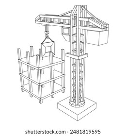 Construction crane tower. Building under construction industrial concept. Wireframe low poly mesh vector illustration.